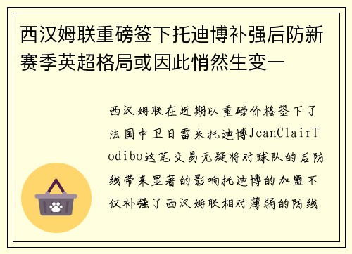 西汉姆联重磅签下托迪博补强后防新赛季英超格局或因此悄然生变一